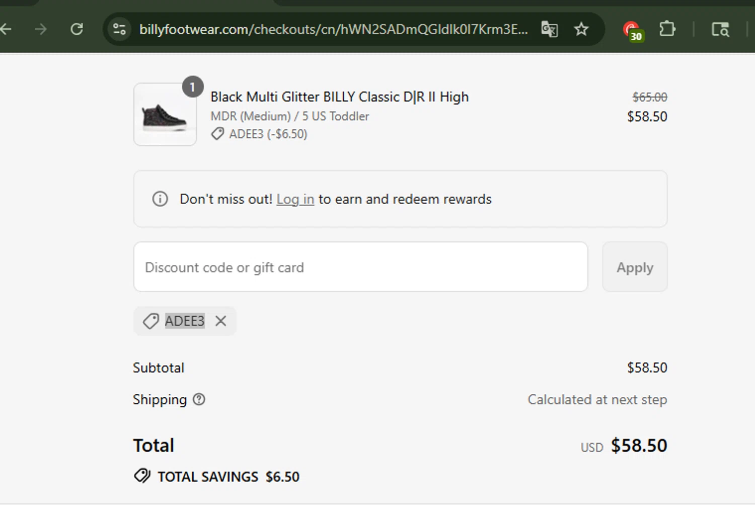 BILLY Footwear discount code screenshot showing code ADEE3 applied at BILLY Footwear checkout page. Uploaded by SimplyCodes community member Carolina23 on Aug 31, 2025