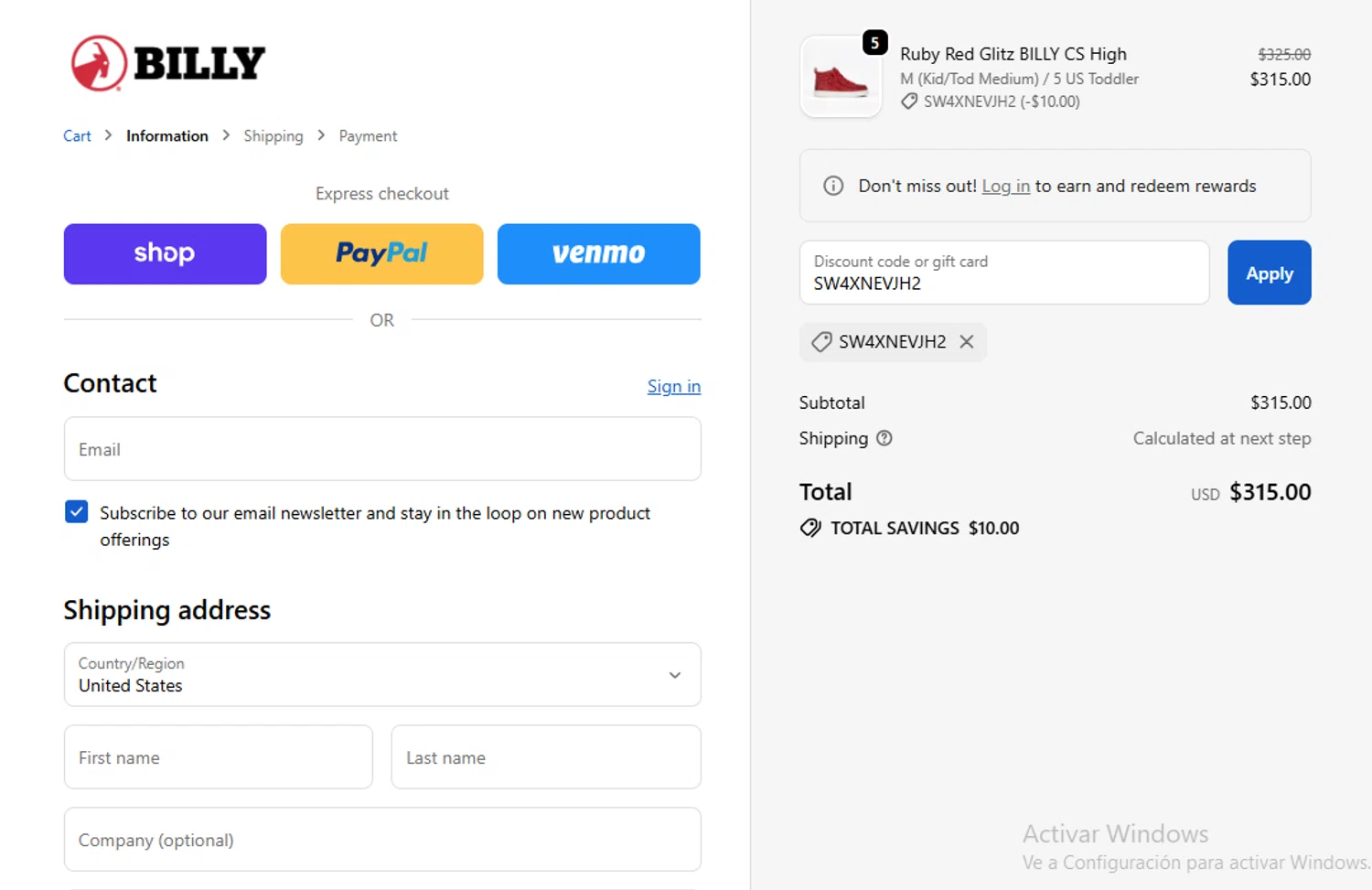 BILLY Footwear discount code screenshot showing code SW4XNEVJH2 applied at BILLY Footwear checkout page. Uploaded by SimplyCodes community member ligthYA on Oct 11, 2025
