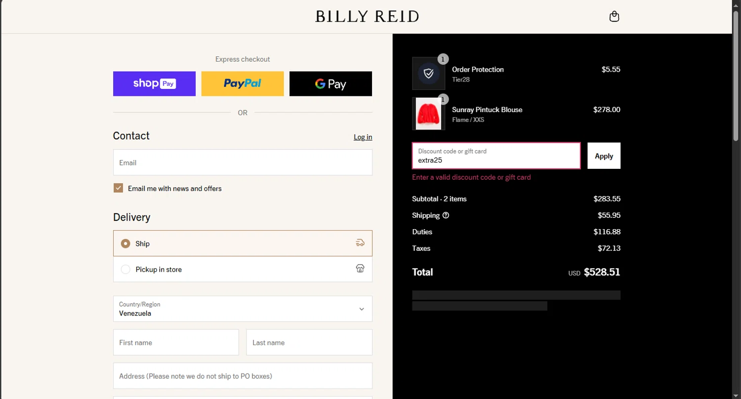 Billy Reid discount code screenshot showing code extra25 applied at Billy Reid checkout page. Uploaded by SimplyCodes community member PromoMaven605 on Jul 9, 2025