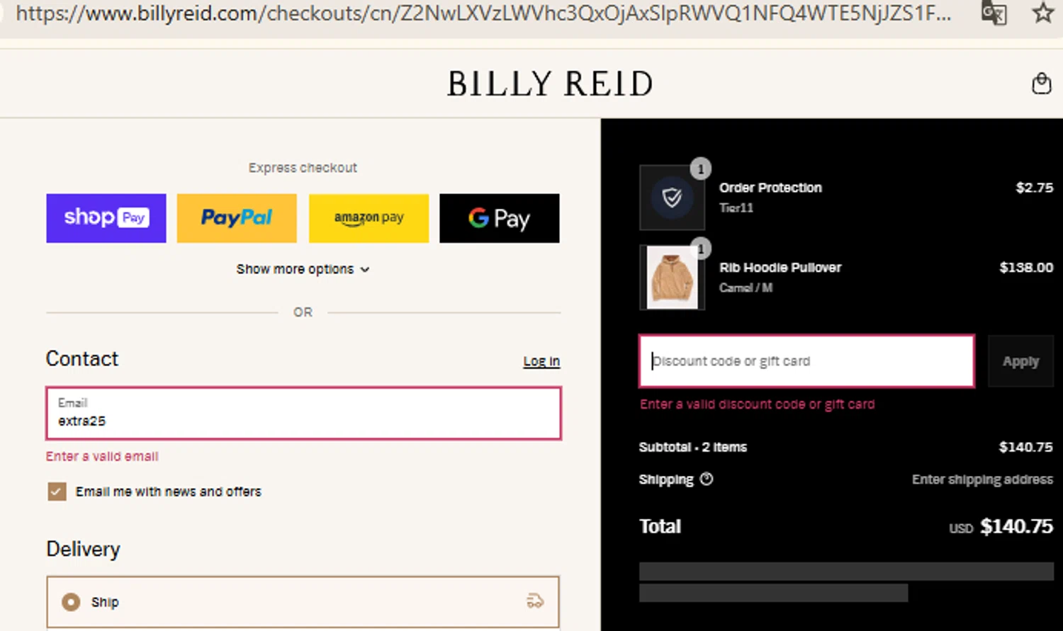 Billy Reid discount code screenshot showing code extra25 applied at Billy Reid checkout page. Uploaded by SimplyCodes community member RewardFinder4836 on Jul 9, 2025