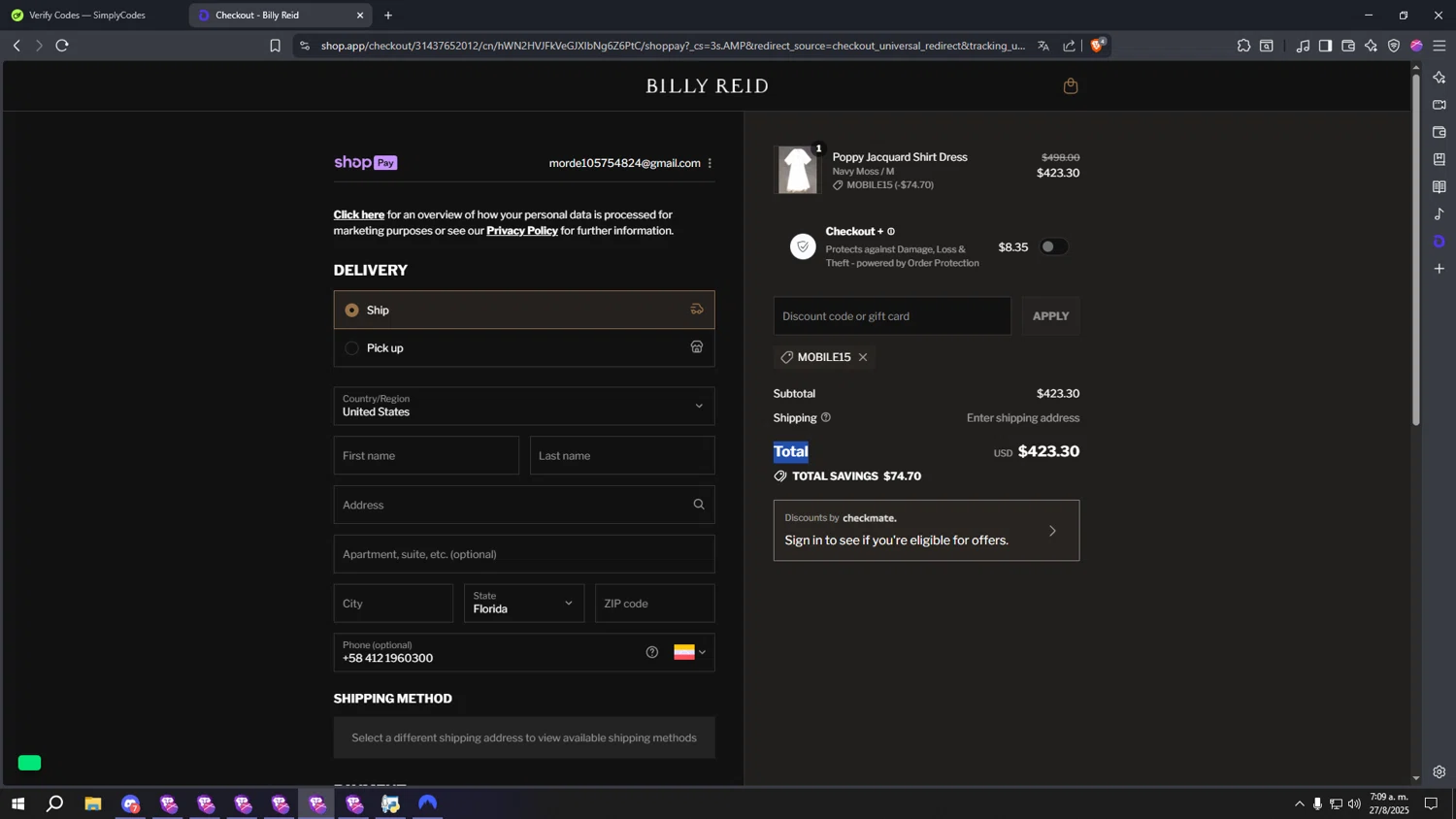 Billy Reid discount code screenshot showing code MOBILE15 applied at Billy Reid checkout page. Uploaded by SimplyCodes community member SpeedyFast on Aug 27, 2025