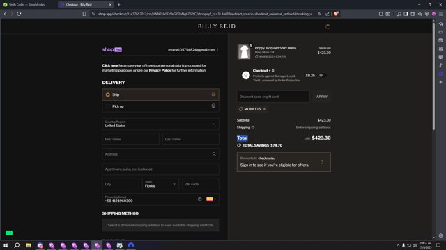 Billy Reid checkout page showing Billy Reid discount code box | Screenshot taken by SimplyCodes community member on Aug 27, 2025