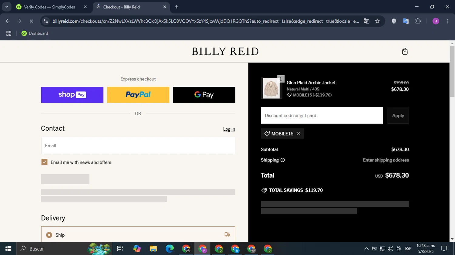 Billy Reid discount code screenshot showing code MOBILE15 applied at Billy Reid checkout page. Uploaded by SimplyCodes community member Datacodes on Mar 5, 2025