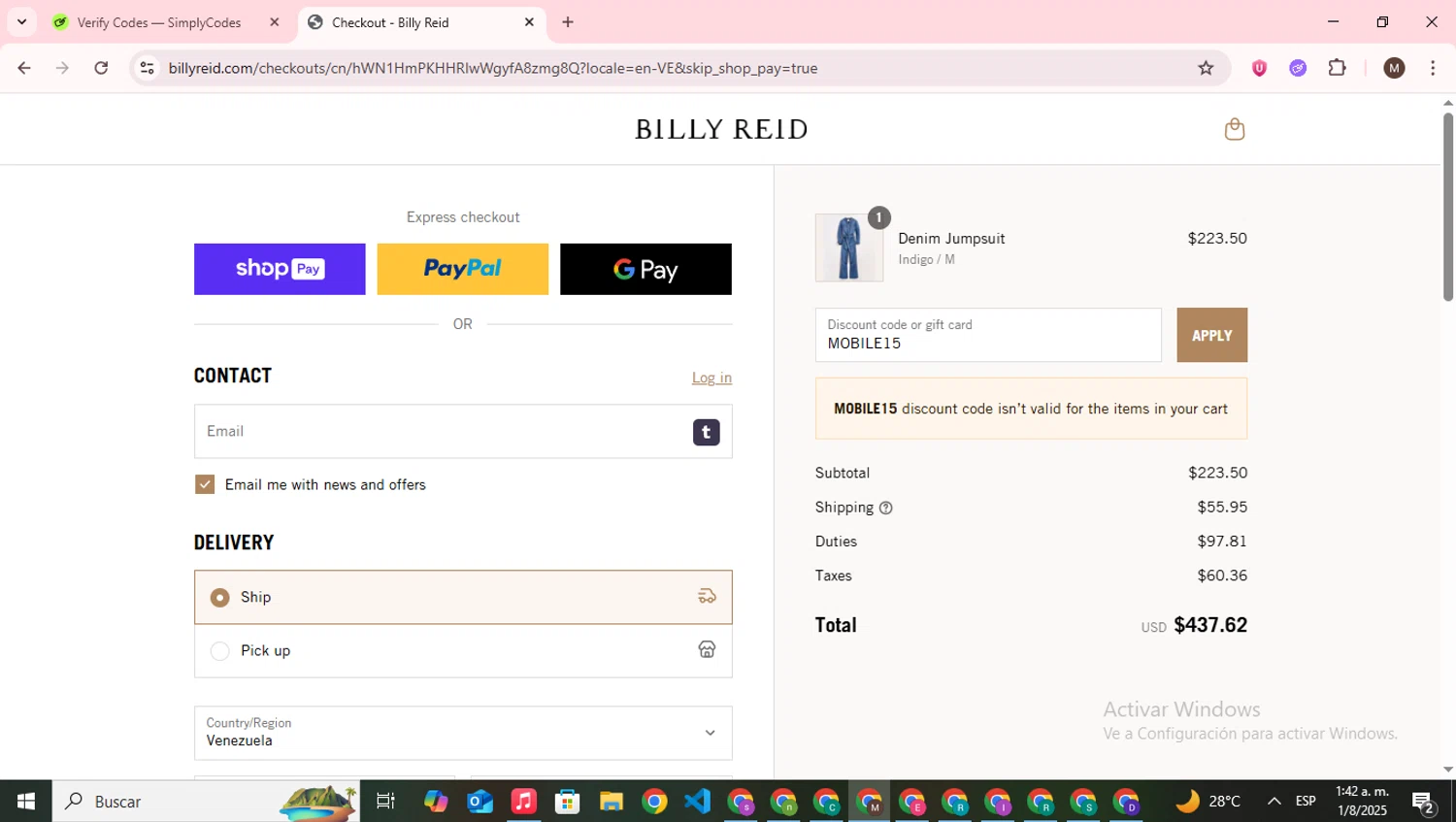 Billy Reid discount code screenshot showing code MOBILE15 applied at Billy Reid checkout page. Uploaded by SimplyCodes community member WonderWizard9060 on Aug 1, 2025
