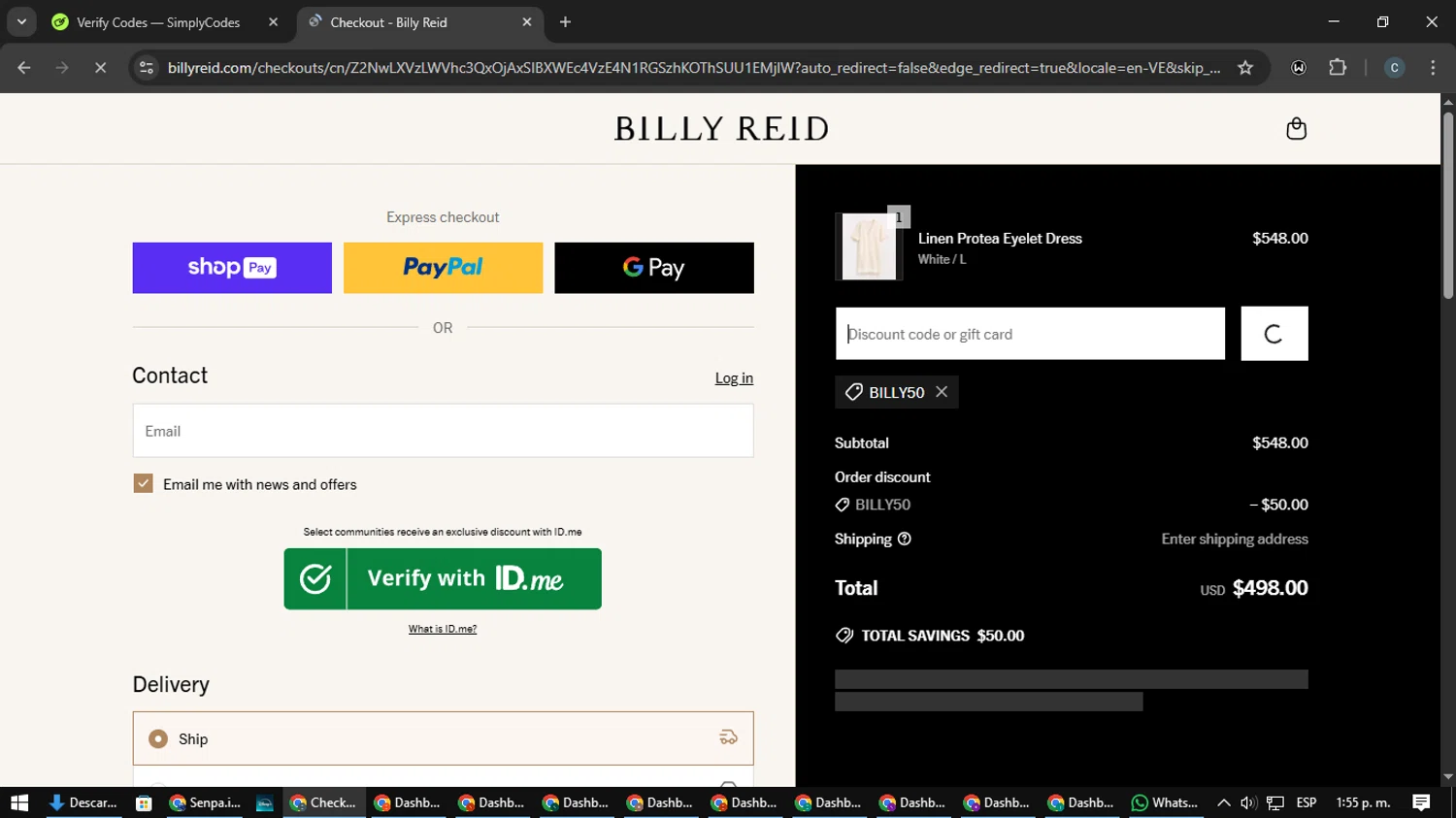 Billy Reid discount code screenshot showing code billy50 applied at Billy Reid checkout page. Uploaded by SimplyCodes community member Nata_Montana on Mar 21, 2025