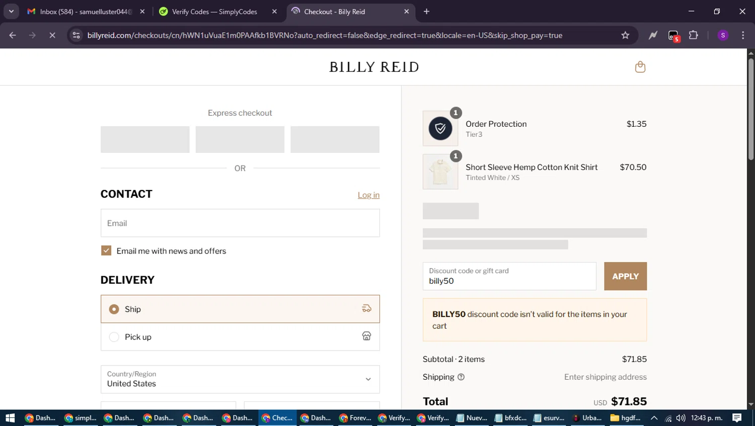 Billy Reid discount code screenshot showing code billy50 applied at Billy Reid checkout page. Uploaded by SimplyCodes community member ShieldWarden7838 on Aug 17, 2025