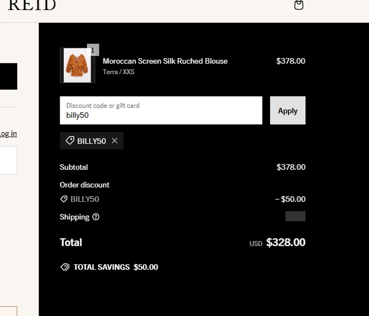 Billy Reid discount code screenshot showing code billy50 applied at Billy Reid checkout page. Uploaded by SimplyCodes community member Eduard on Mar 5, 2025