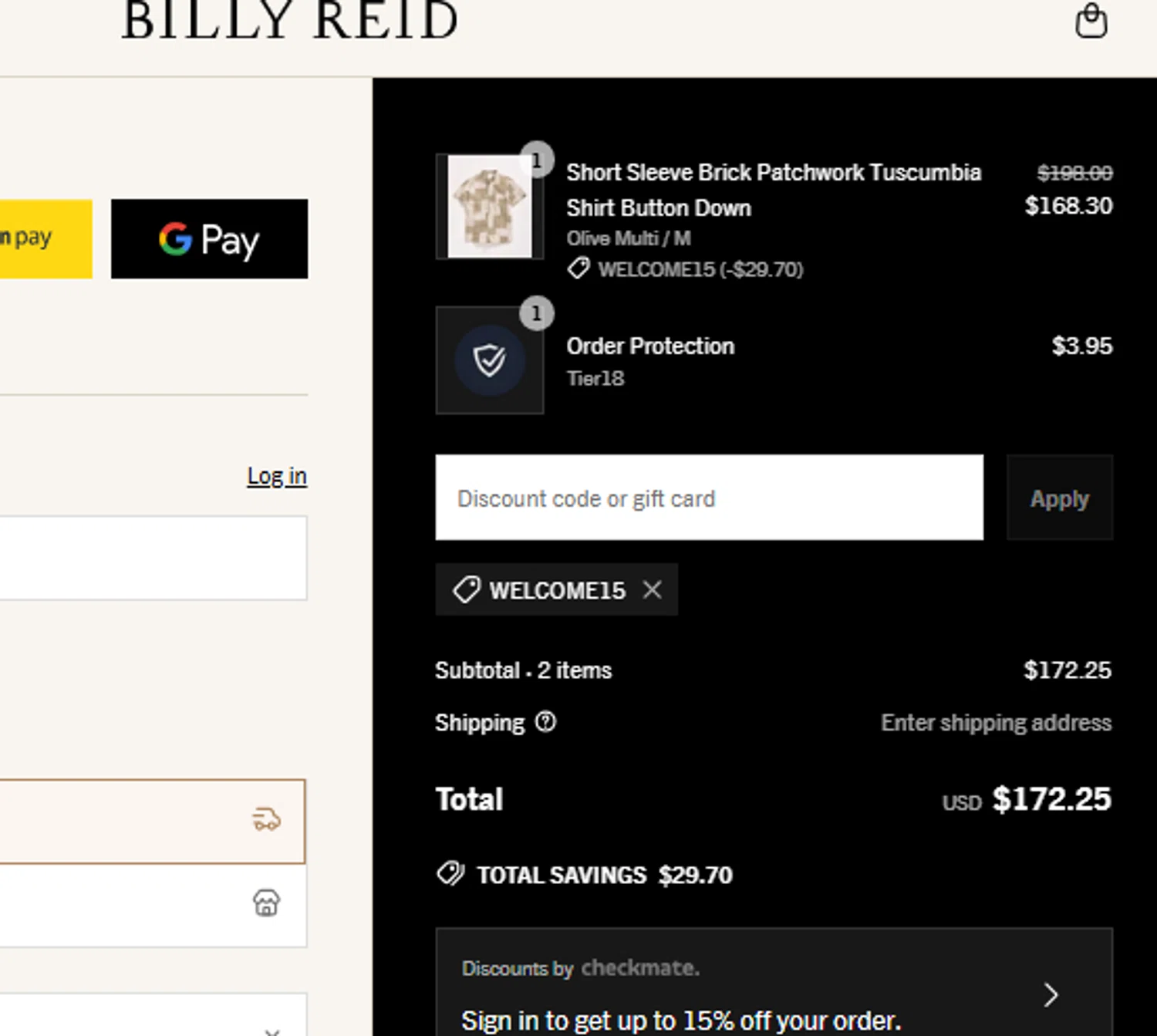Billy Reid discount code screenshot showing code WELCOME15 applied at Billy Reid checkout page. Uploaded by SimplyCodes community member CouponLion3243 on Jun 26, 2025