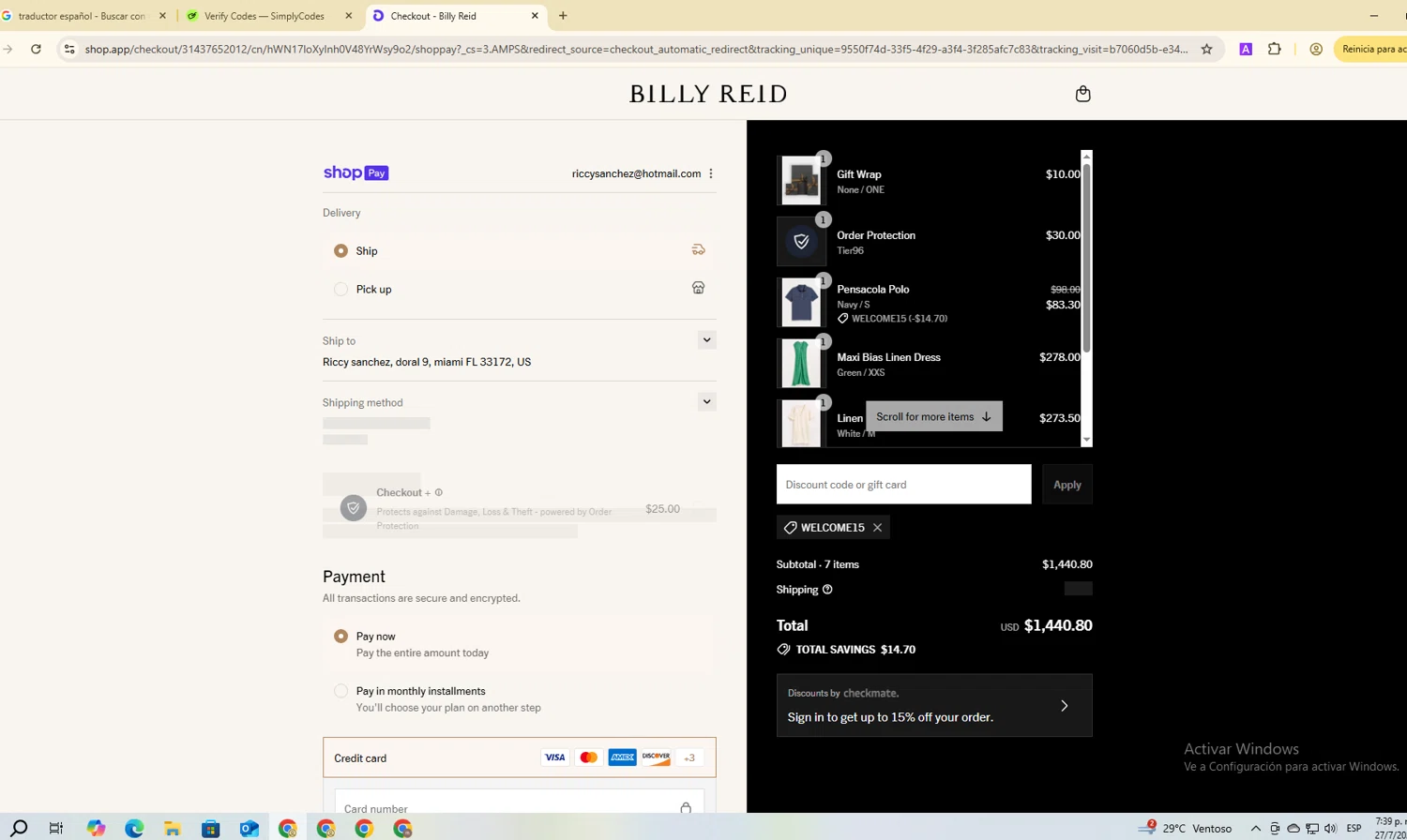 Billy Reid discount code screenshot showing code WELCOME15 applied at Billy Reid checkout page. Uploaded by SimplyCodes community member ScanGenius949 on Jul 27, 2025