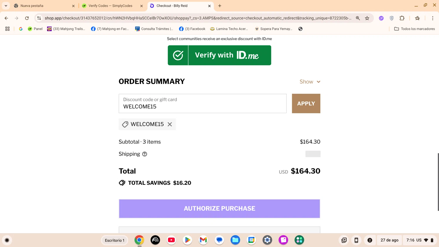 Billy Reid discount code screenshot showing code WELCOME15 applied at Billy Reid checkout page. Uploaded by SimplyCodes community member ShrewdExpert7367 on Aug 27, 2025