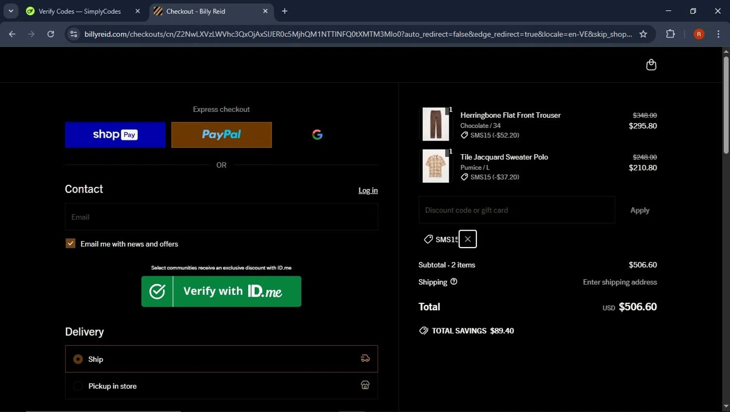 Billy Reid discount code screenshot showing code SMS15 applied at Billy Reid checkout page. Uploaded by SimplyCodes community member CoinPro7401 on Apr 9, 2025