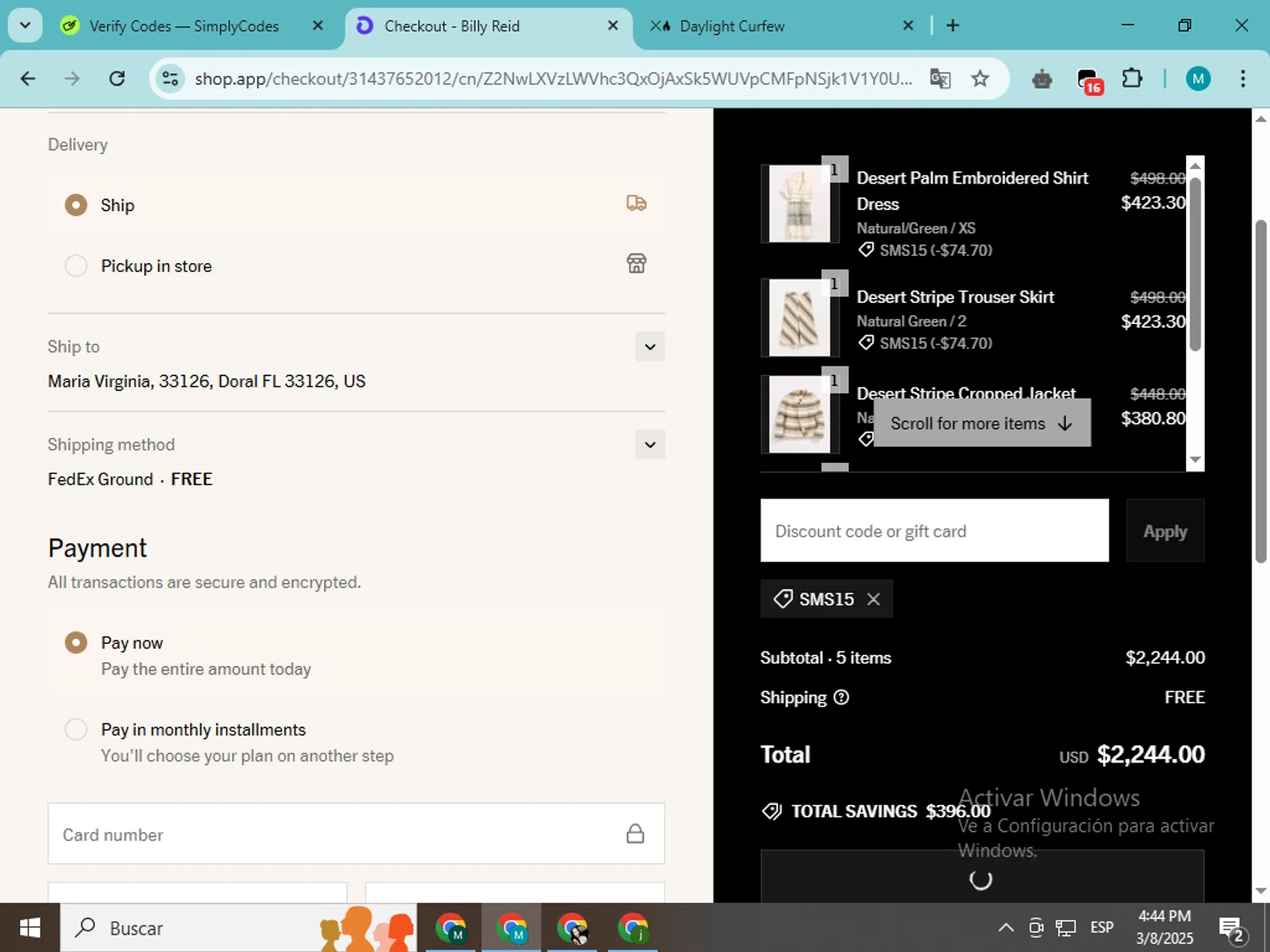 Billy Reid discount code screenshot showing code SMS15 applied at Billy Reid checkout page. Uploaded by SimplyCodes community member estrellaveloz on Mar 8, 2025