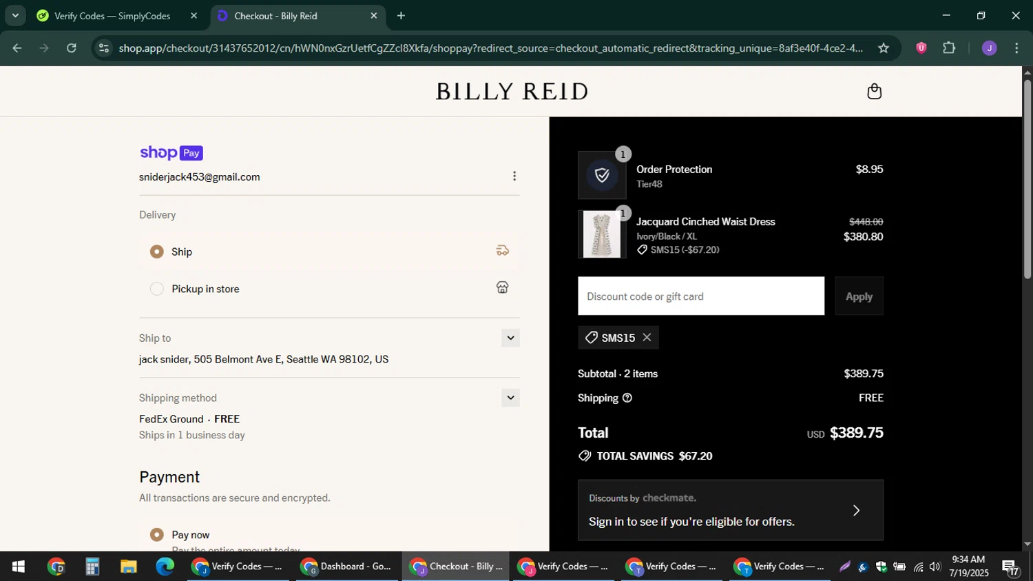 Billy Reid discount code screenshot showing code SMS15 applied at Billy Reid checkout page. Uploaded by SimplyCodes community member sniderjack453 on Jul 19, 2025