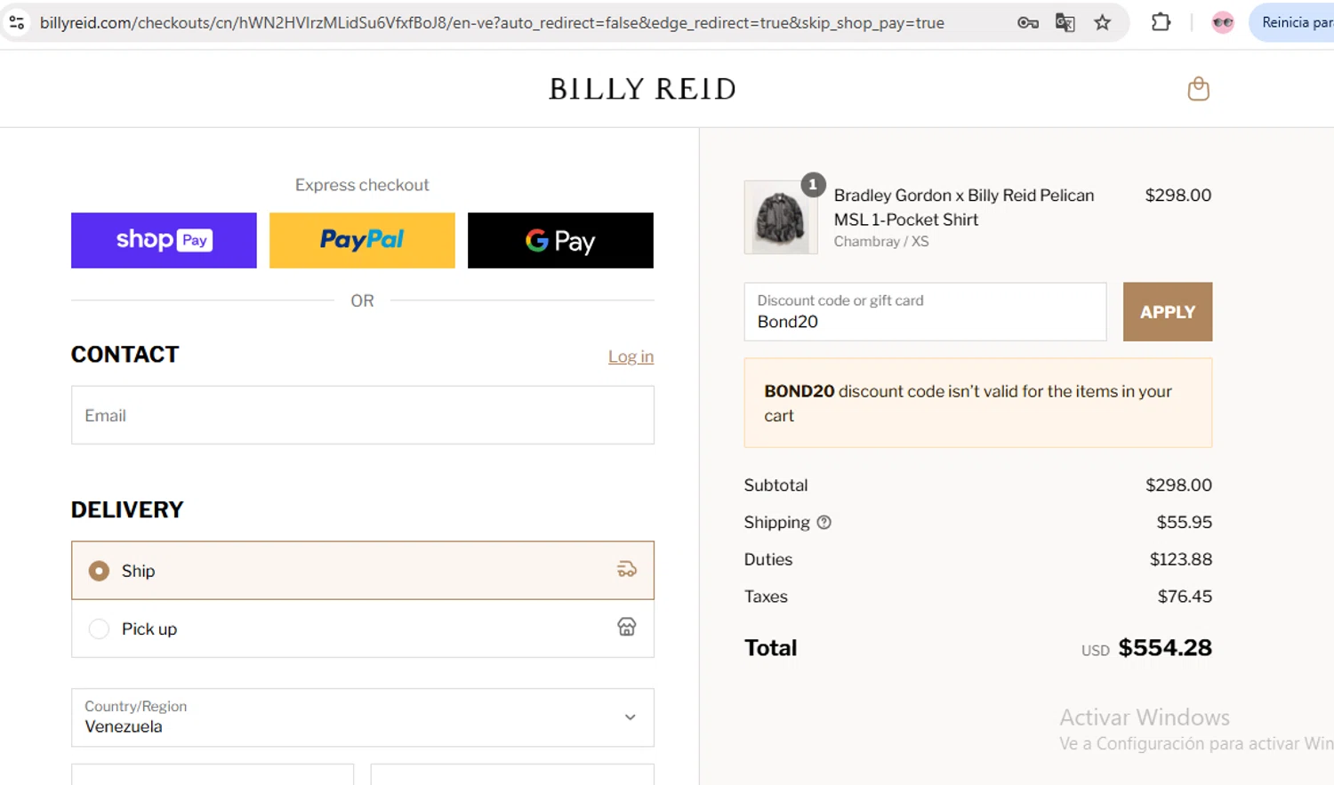 Billy Reid discount code screenshot showing code Bond20 applied at Billy Reid checkout page. Uploaded by SimplyCodes community member Xiomr78 on Aug 27, 2025