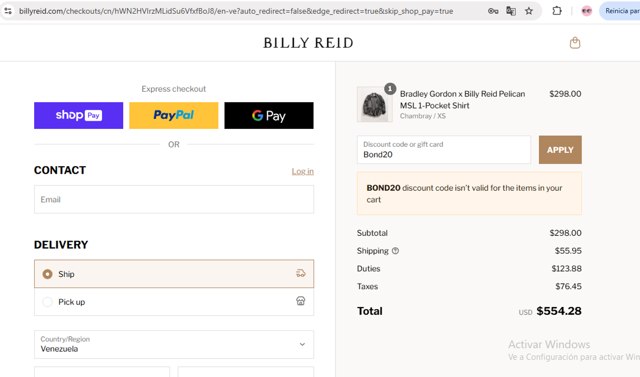 Billy Reid checkout page showing Billy Reid discount code box | Screenshot taken by SimplyCodes community member on Aug 27, 2025