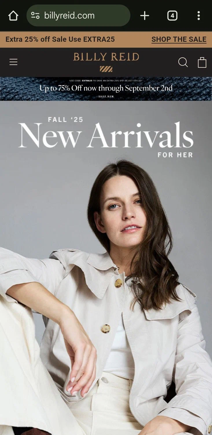 Billy Reid discount code screenshot showing code EXTRA25 applied at Billy Reid checkout page. Uploaded by SimplyCodes community member CleverLynx5188 on Aug 21, 2025