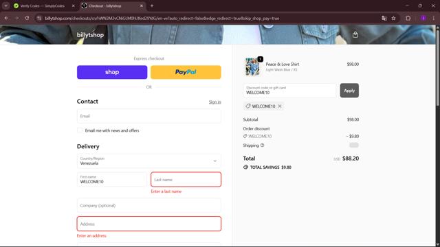 Billy T checkout page showing Billy T promo code box | Screenshot taken by SimplyCodes community member on Sep 24, 2025