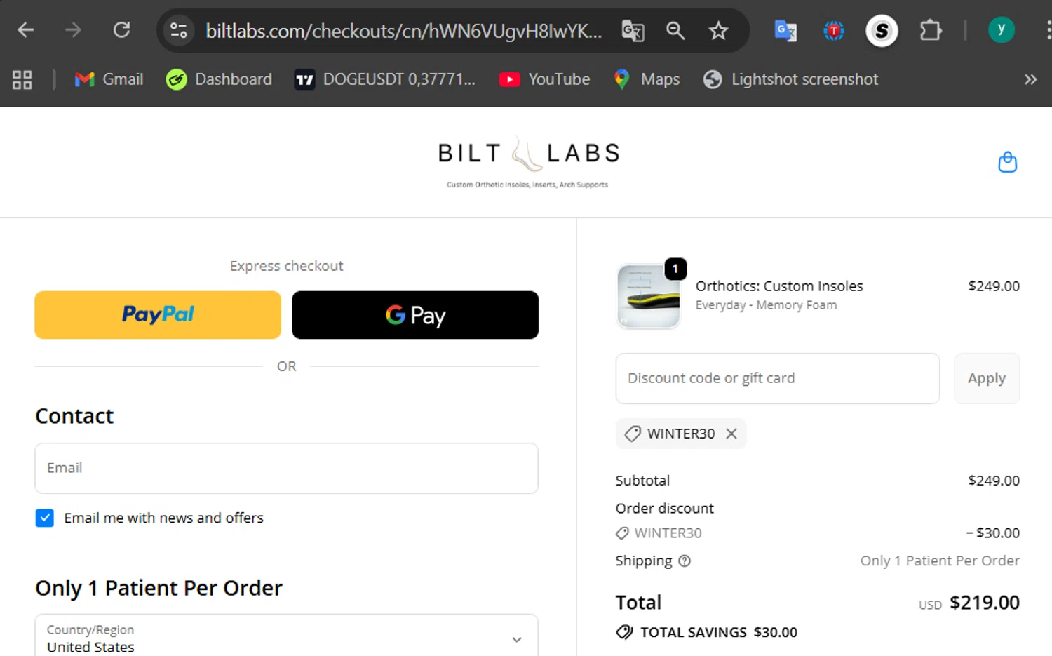 Bilt Labs discount code screenshot showing code Winter30 applied at Bilt Labs checkout page. Uploaded by SimplyCodes community member 502312 on Dec 16, 2025