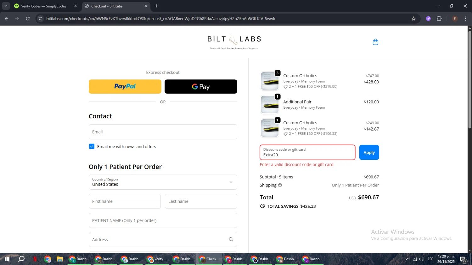 Bilt Labs discount code screenshot showing code Extra20 applied at Bilt Labs checkout page. Uploaded by SimplyCodes community member ExtraordinaryHunter3076 on Nov 29, 2025