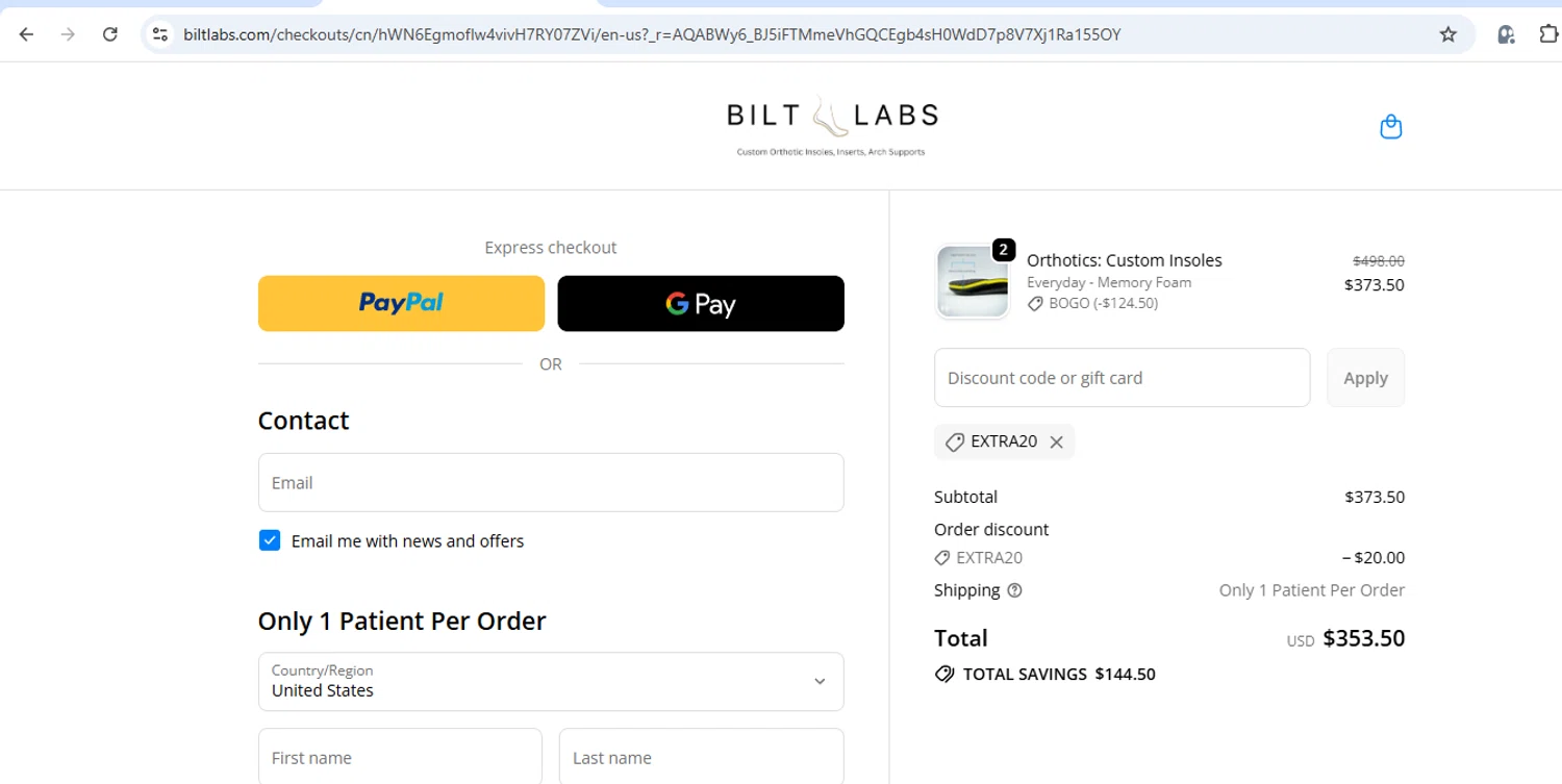 Bilt Labs discount code screenshot showing code Extra20 applied at Bilt Labs checkout page. Uploaded by SimplyCodes community member Milaya on Dec 9, 2025