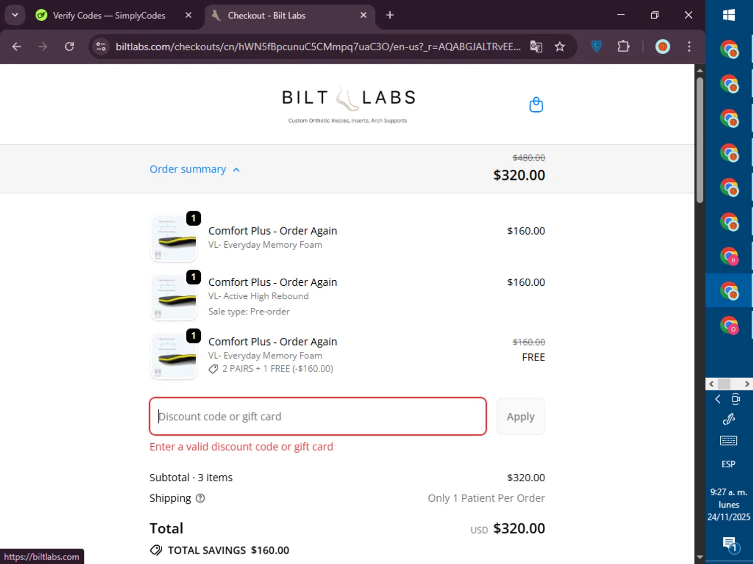 Bilt Labs discount code screenshot showing code LASTCALL30 applied at Bilt Labs checkout page. Uploaded by SimplyCodes community member PromoVoyager8446 on Nov 24, 2025