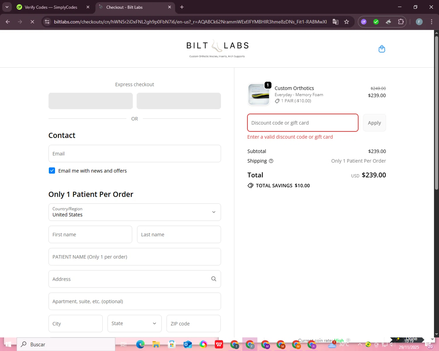 Bilt Labs discount code screenshot showing code BF30 applied at Bilt Labs checkout page. Uploaded by SimplyCodes community member WiseSeeker9794 on Nov 29, 2025