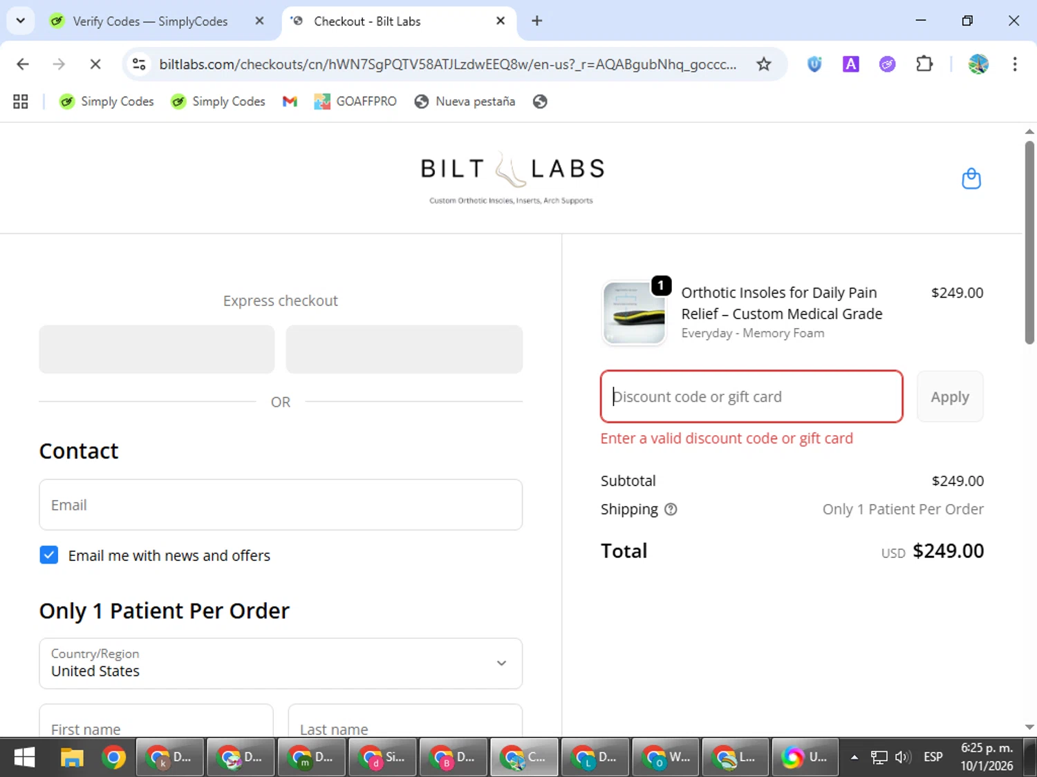 Bilt Labs discount code screenshot showing code BOGO applied at Bilt Labs checkout page. Uploaded by SimplyCodes community member ShrewdSpotter4101 on Jan 10, 2026