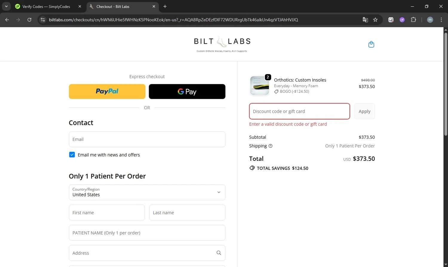 Bilt Labs discount code screenshot showing code BOGO applied at Bilt Labs checkout page. Uploaded by SimplyCodes community member acostaacosta on Dec 16, 2025