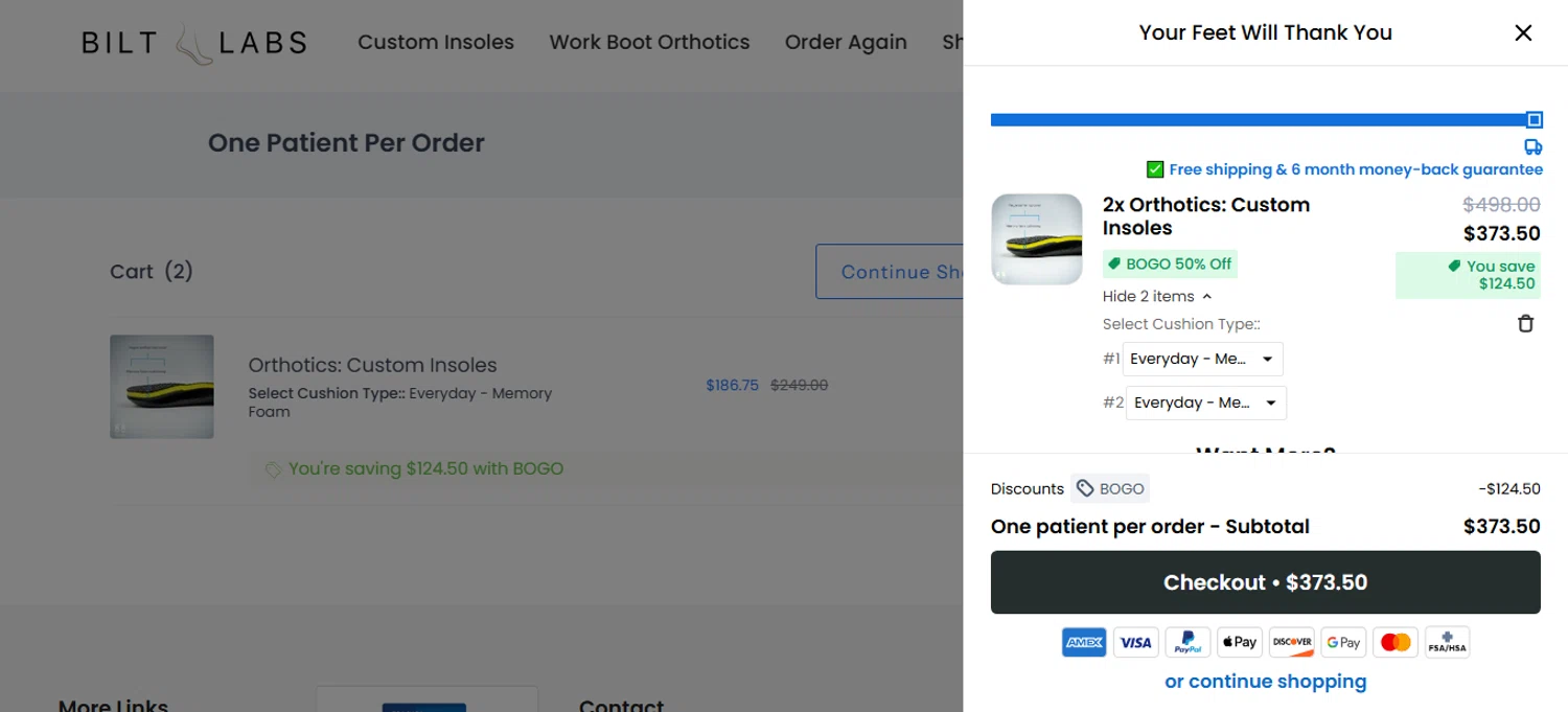 Bilt Labs discount code screenshot showing code BOGO applied at Bilt Labs checkout page. Uploaded by SimplyCodes community member bettercallkim on Dec 9, 2025
