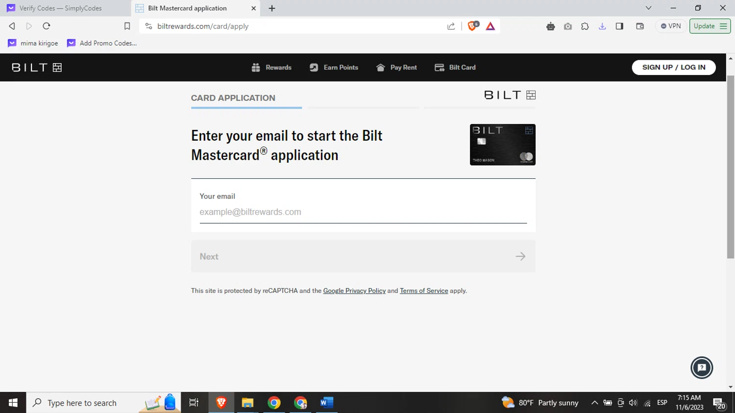 Bilt Rewards checkout page showing Bilt Rewards promo code box | Screenshot taken by SimplyCodes community member on Nov 6, 2023