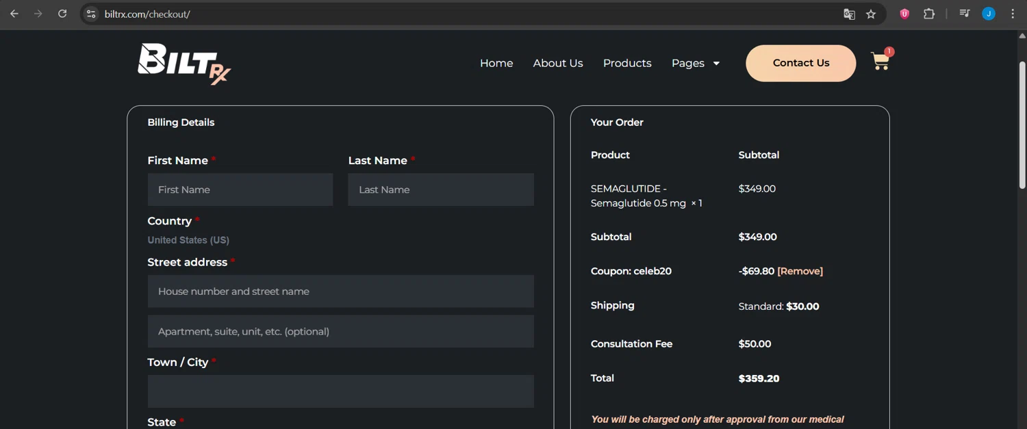 BiltRx promo code screenshot showing code CELEB20 applied at BiltRx checkout page. Uploaded by SimplyCodes community member Jeanjc on Jun 22, 2025