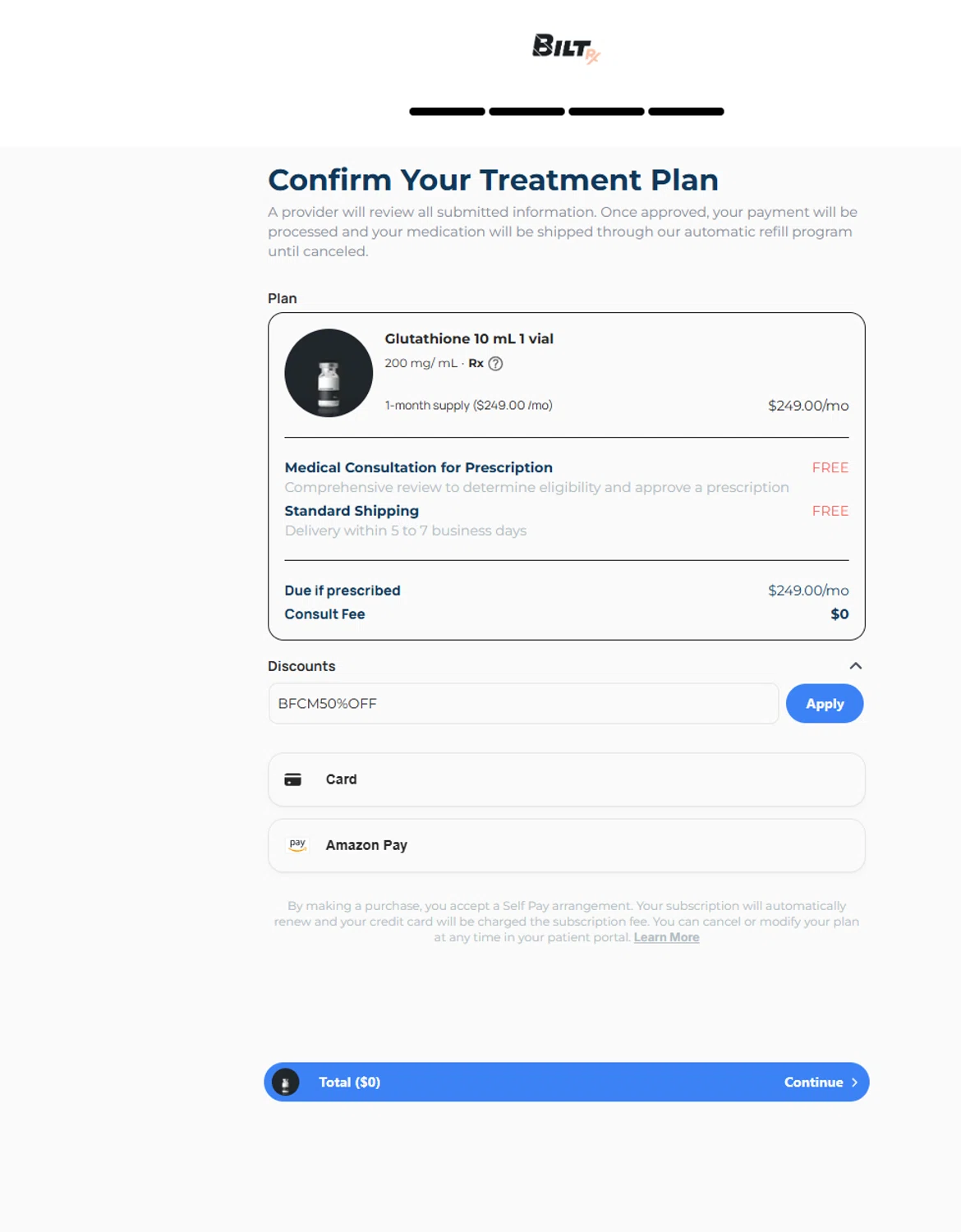 BiltRx promo code screenshot showing code BFCM50%OFF applied at BiltRx checkout page. Uploaded by SimplyCodes community member Handivlak on Dec 18, 2025