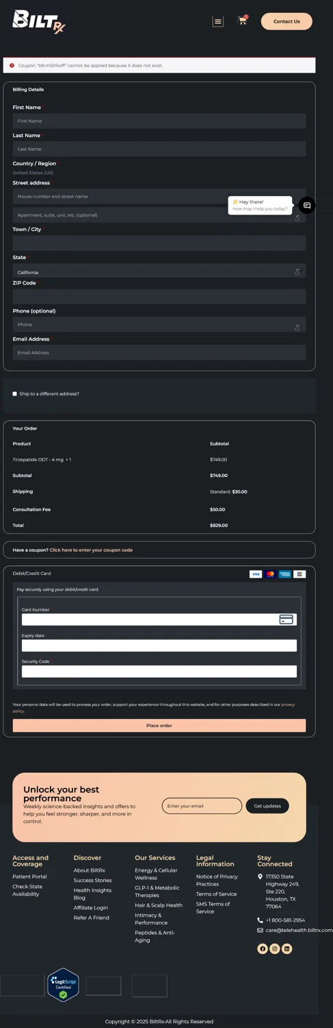 BiltRx promo code screenshot showing code BFCM50%OFF applied at BiltRx checkout page. Uploaded by SimplyCodes community member WladimirV on Dec 18, 2025