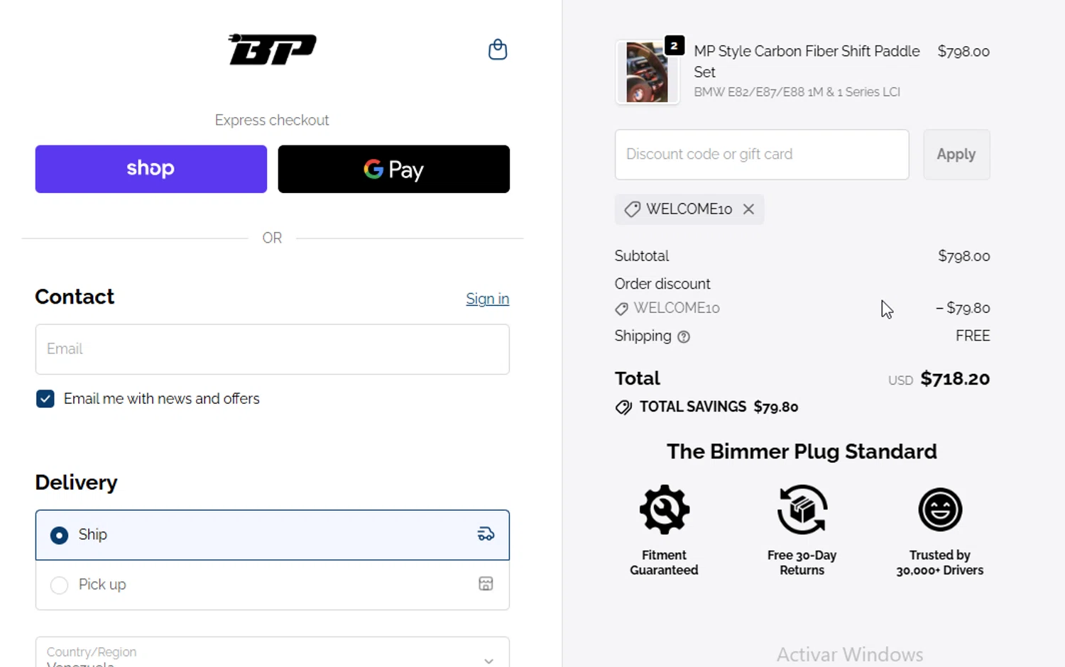 Bimmer Plug discount code screenshot showing code WELCOME10 applied at Bimmer Plug checkout page. Uploaded by SimplyCodes community member BudgetGuardian5712 on Dec 10, 2025