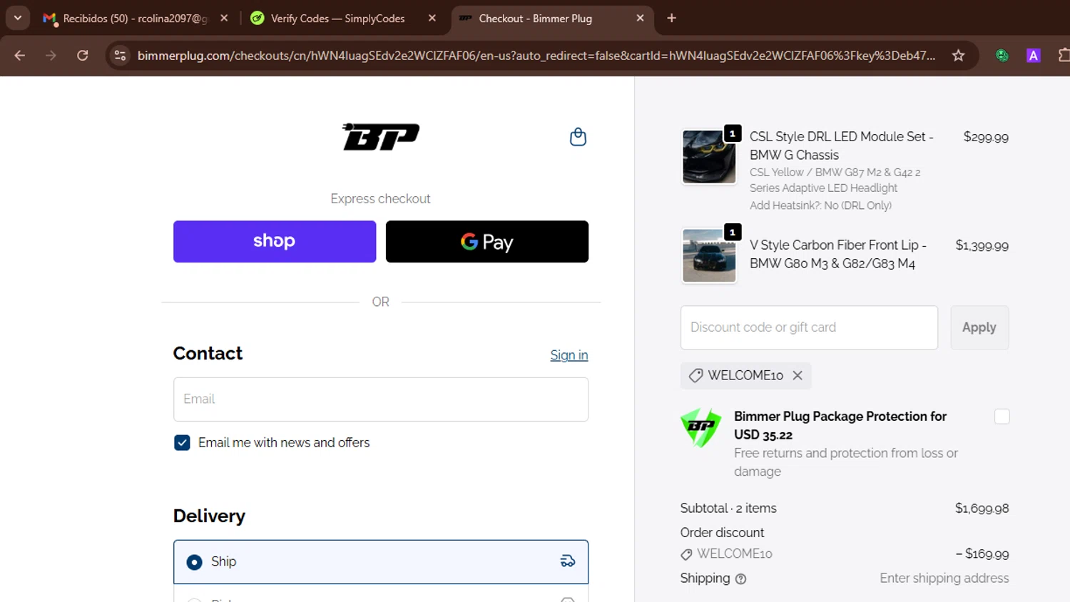 Bimmer Plug discount code screenshot showing code WELCOME10 applied at Bimmer Plug checkout page. Uploaded by SimplyCodes community member WonderWarden594 on Oct 19, 2025