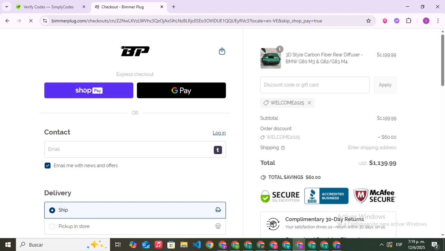 Bimmer Plug discount code screenshot showing code WELCOME2025 applied at Bimmer Plug checkout page. Uploaded by SimplyCodes community member RebateAce6764 on Jun 12, 2025