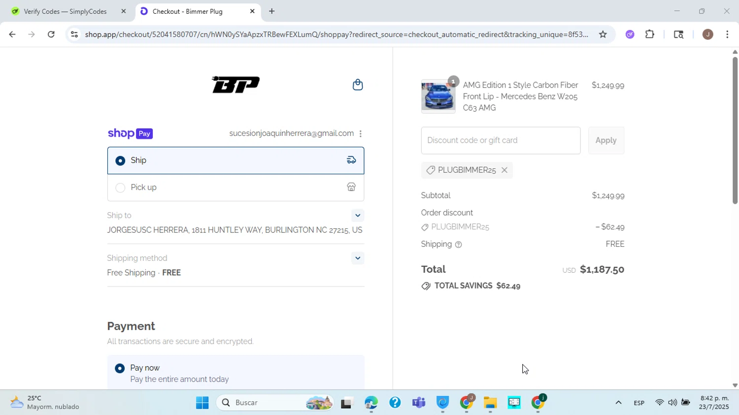 Bimmer Plug discount code screenshot showing code PLUGBIMMER25 applied at Bimmer Plug checkout page. Uploaded by SimplyCodes community member ABHF23 on Jul 24, 2025