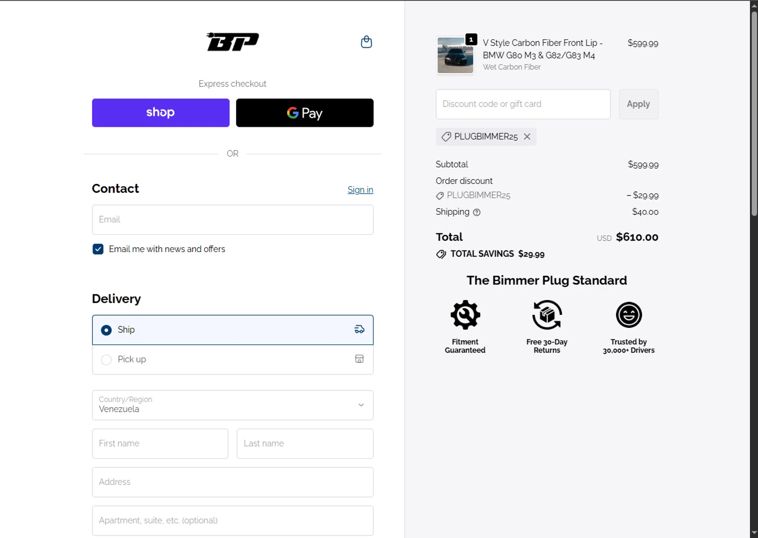 Bimmer Plug discount code screenshot showing code PLUGBIMMER25 applied at Bimmer Plug checkout page. Uploaded by SimplyCodes community member SalePhoenix2220 on Dec 1, 2025