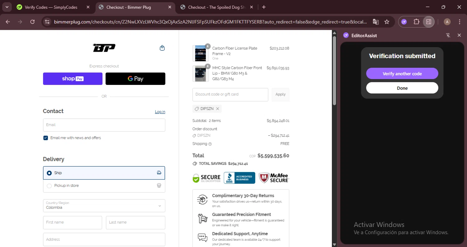 Bimmer Plug discount code screenshot showing code DIPSZN applied at Bimmer Plug checkout page. Uploaded by SimplyCodes community member GoldRanger7896 on Jul 15, 2025
