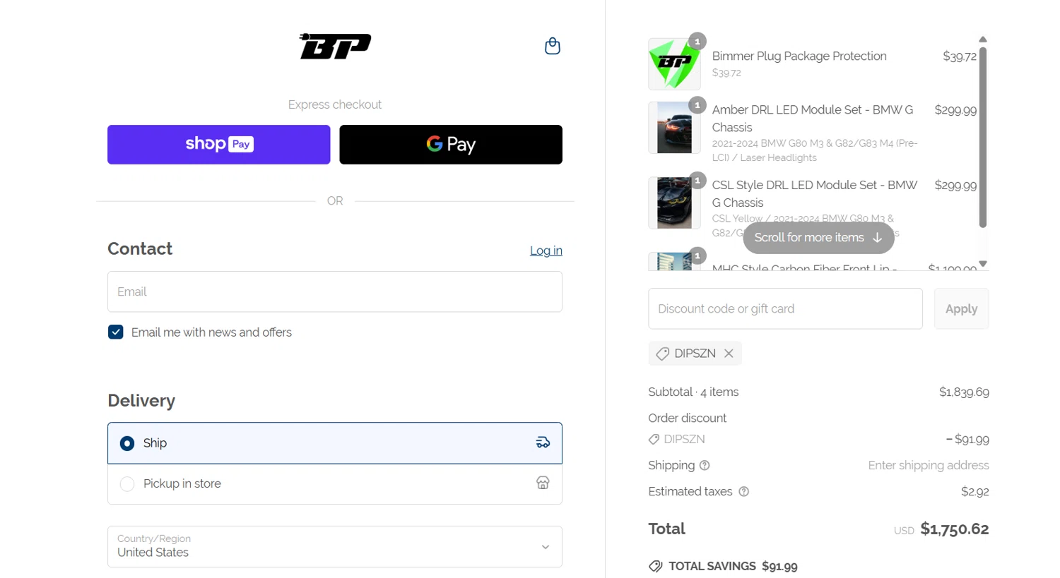 Bimmer Plug discount code screenshot showing code DIPSZN applied at Bimmer Plug checkout page. Uploaded by SimplyCodes community member jade5416625024720 on Jun 14, 2025