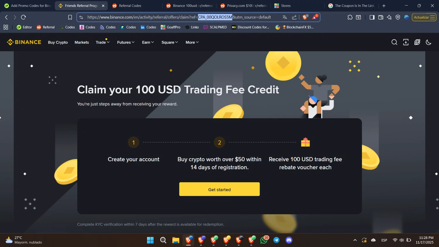 Binance NFT promo code screenshot showing code CPA_00QOLROS5M applied at Binance NFT checkout page. Uploaded by SimplyCodes community member BabaYaga on Nov 18, 2025