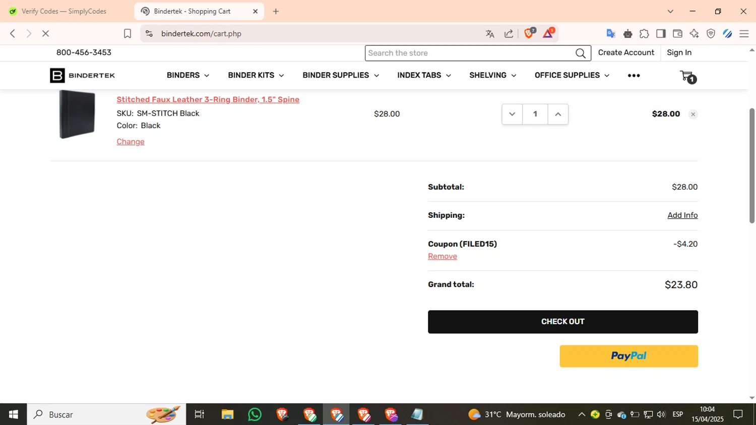 Bindertek checkout page showing Bindertek promo code box | Screenshot taken by SimplyCodes community member on Apr 15, 2025