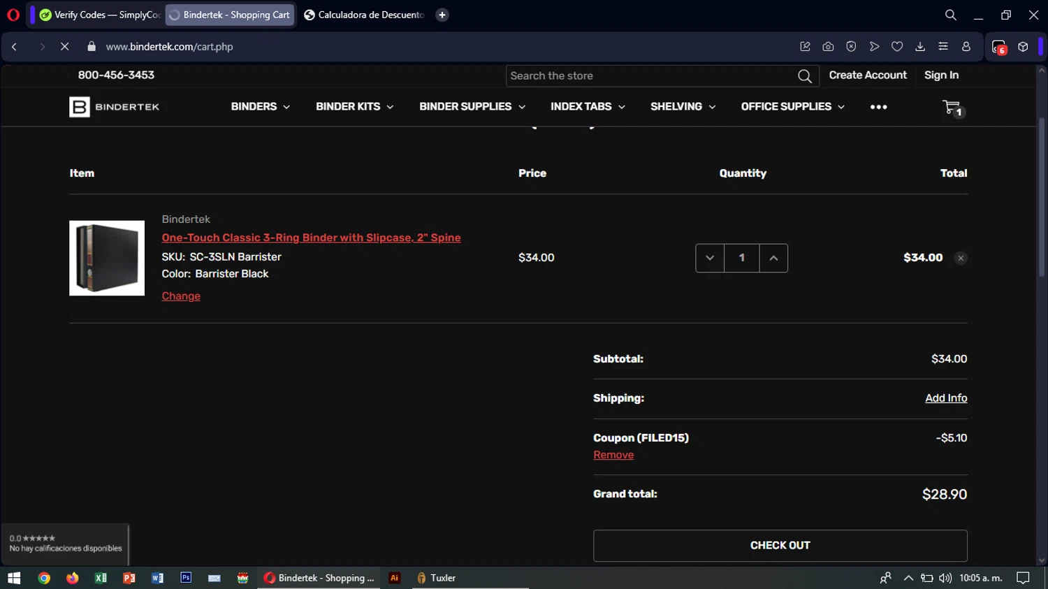 Bindertek checkout page showing Bindertek promo code box | Screenshot taken by SimplyCodes community member on Apr 15, 2025