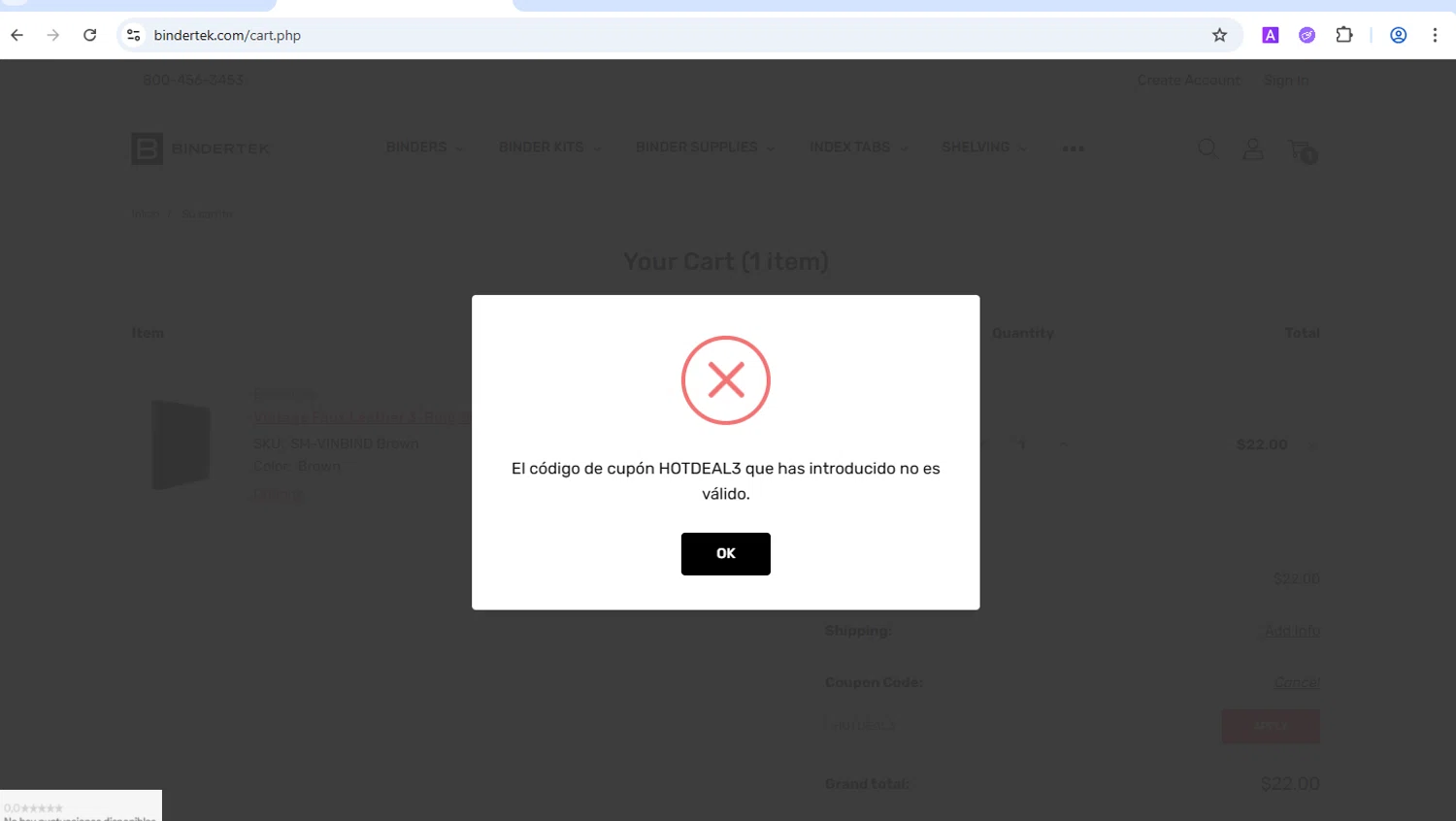 Bindertek promo code screenshot showing code HOTDEAL3 applied at Bindertek checkout page. Uploaded by SimplyCodes community member joanromero on Aug 19, 2025