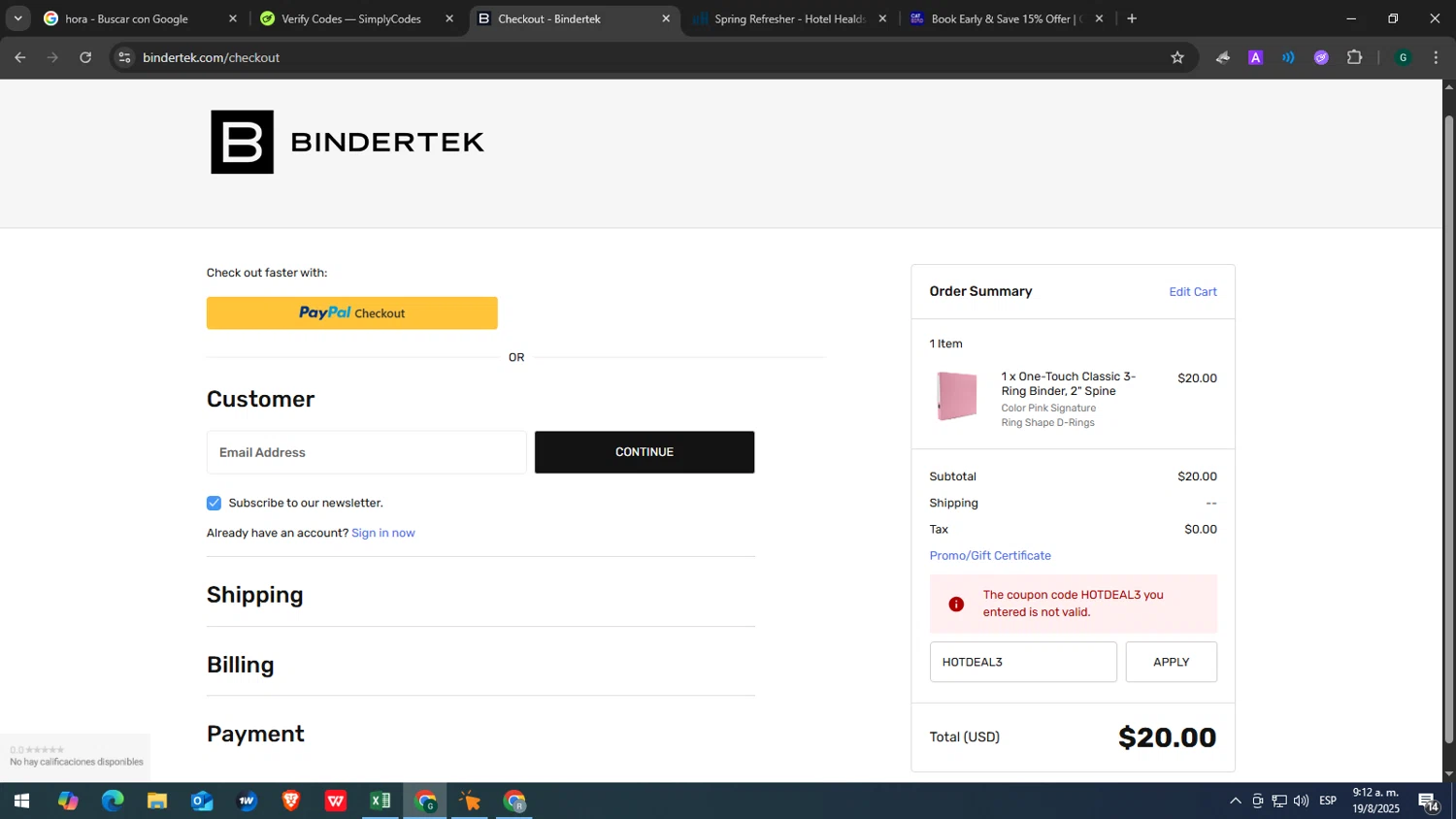 Bindertek promo code screenshot showing code HOTDEAL3 applied at Bindertek checkout page. Uploaded by SimplyCodes community member yasabesssss on Aug 19, 2025