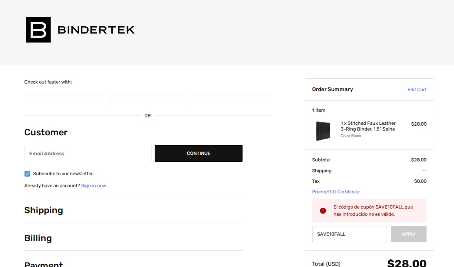 Bindertek promo code screenshot showing code SAVE10FALL applied at Bindertek checkout page. Uploaded by SimplyCodes community member BargainPilot9399 on Oct 9, 2025