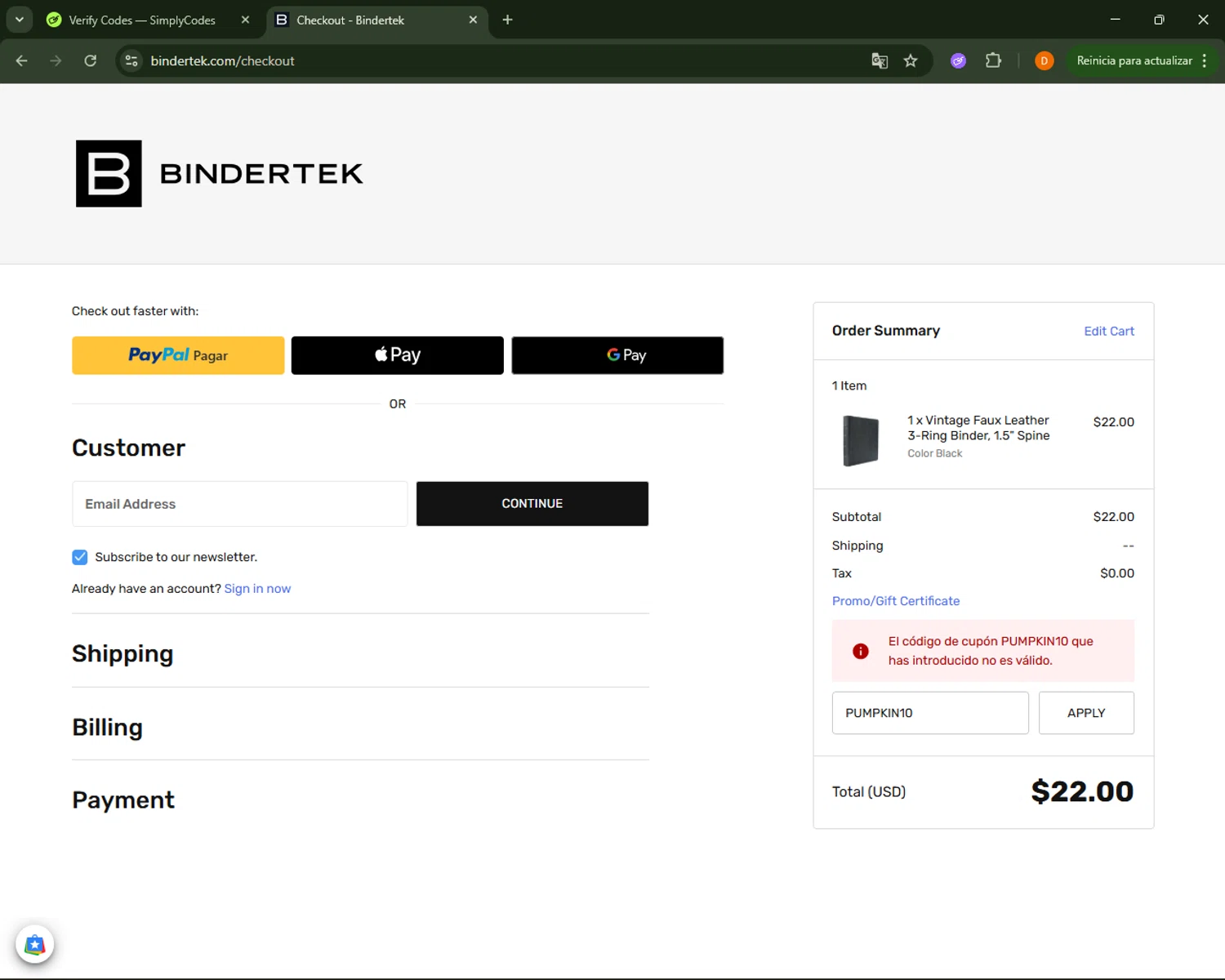 Bindertek promo code screenshot showing code PUMPKIN10 applied at Bindertek checkout page. Uploaded by SimplyCodes community member FrugalFalcon351 on Nov 27, 2025