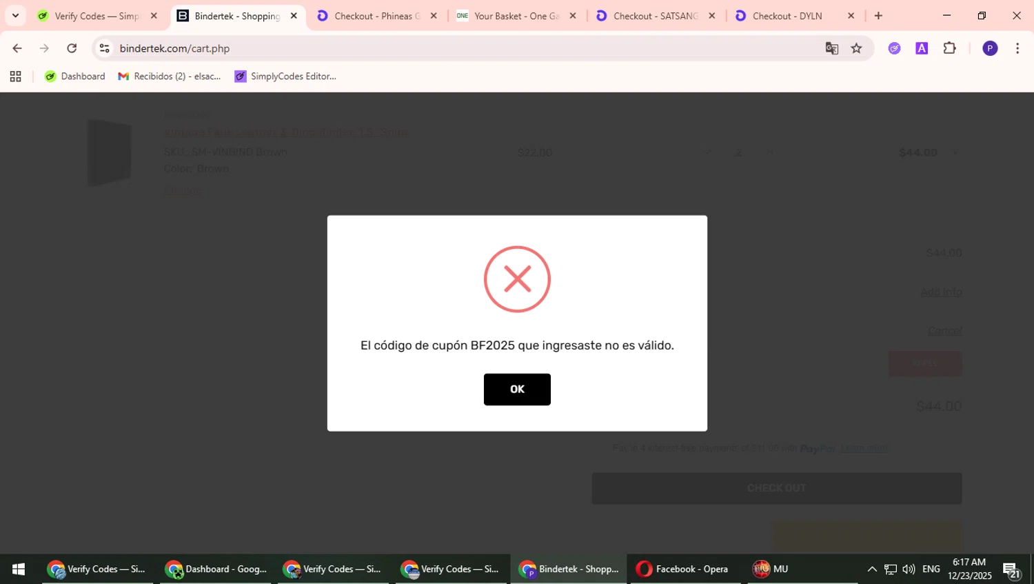 Bindertek promo code screenshot showing code BF2025 applied at Bindertek checkout page. Uploaded by SimplyCodes community member TrevorPhilips on Dec 23, 2025