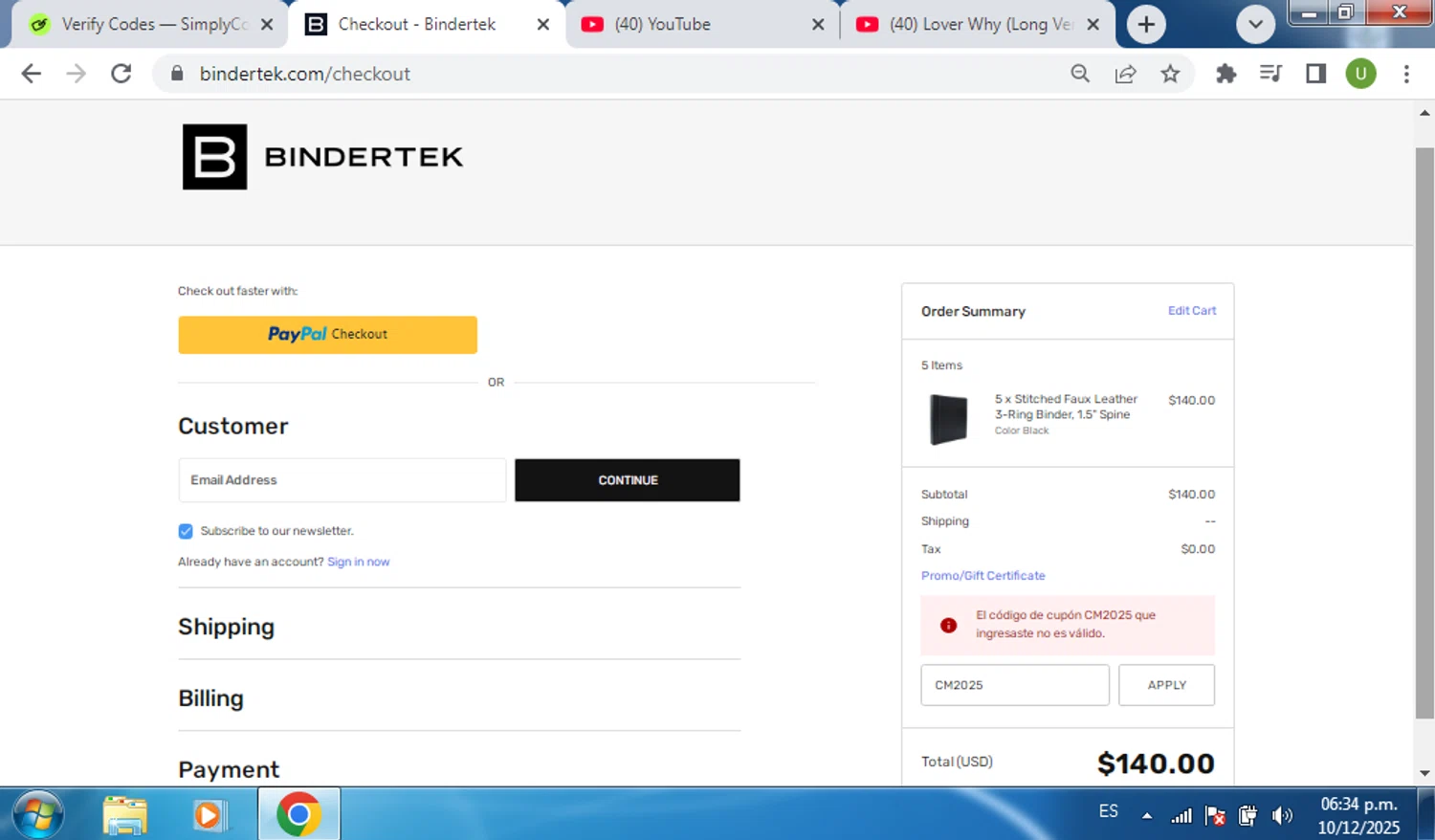 Bindertek promo code screenshot showing code CM2025 applied at Bindertek checkout page. Uploaded by SimplyCodes community member CouponSaver4196 on Dec 10, 2025
