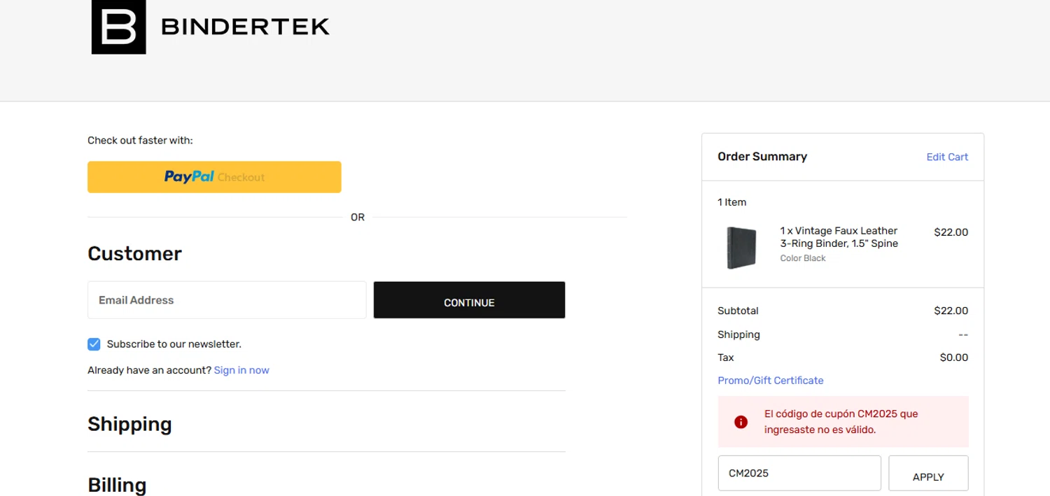 Bindertek promo code screenshot showing code CM2025 applied at Bindertek checkout page. Uploaded by SimplyCodes community member Ester_0044 on Dec 10, 2025